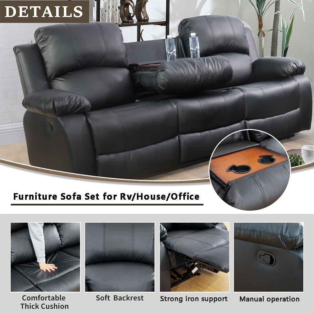 Leather Recliner Sofa Set Black For Living Room And Small Spaces