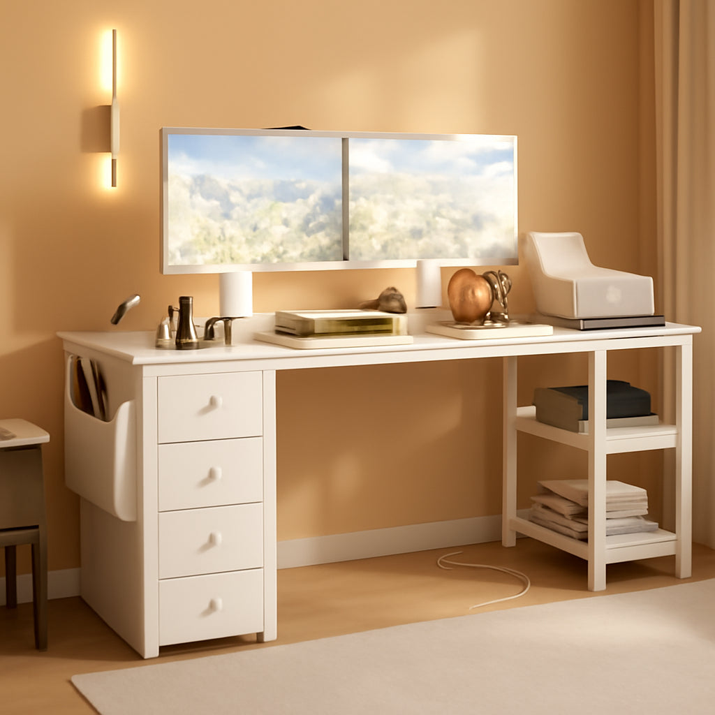 White L Shaped Desk 55 Inch With Power Outlet And Storage