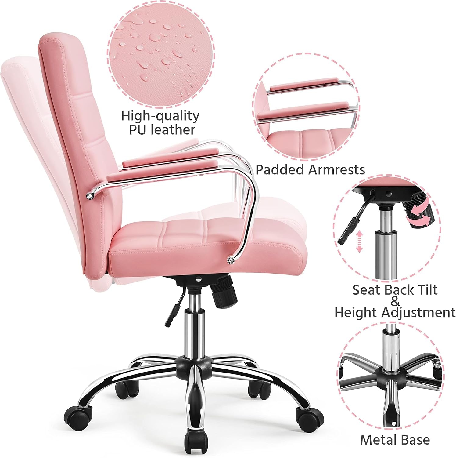 Pink Mid Back Office Chair With Arms 360 Degree Swivel