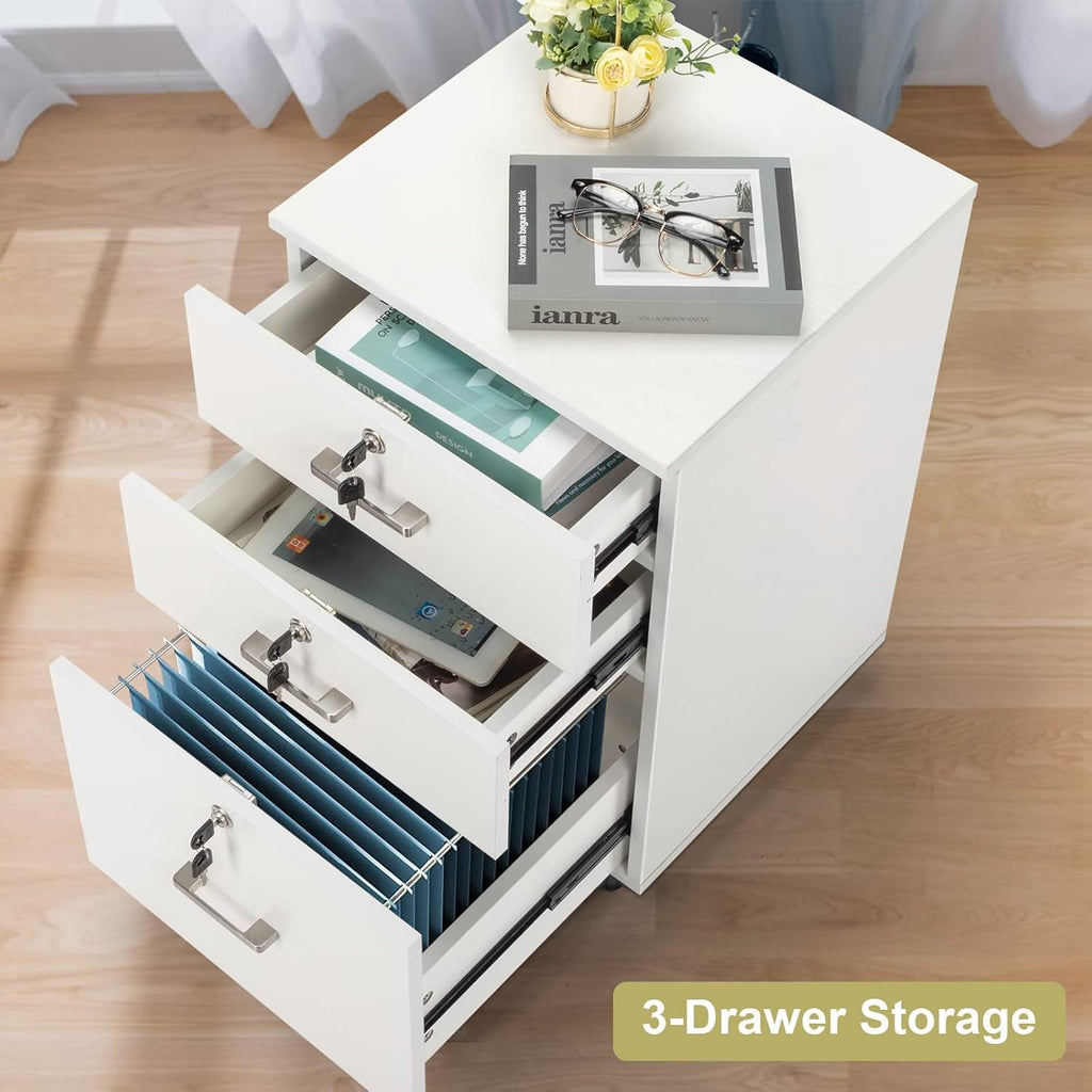 White Mobile File Cabinet 3 Drawer Lockable Office Storage