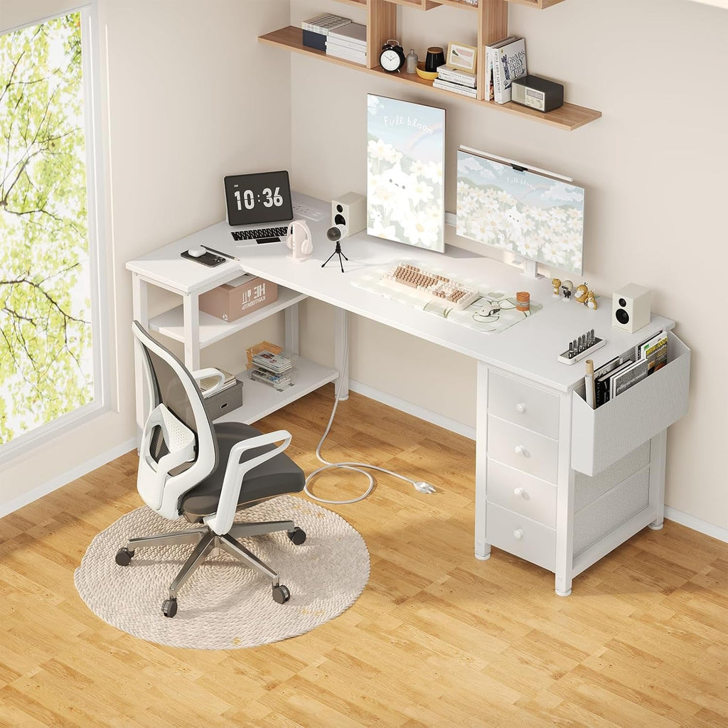 White L Shaped Desk 55 Inch With Power Outlet And Storage