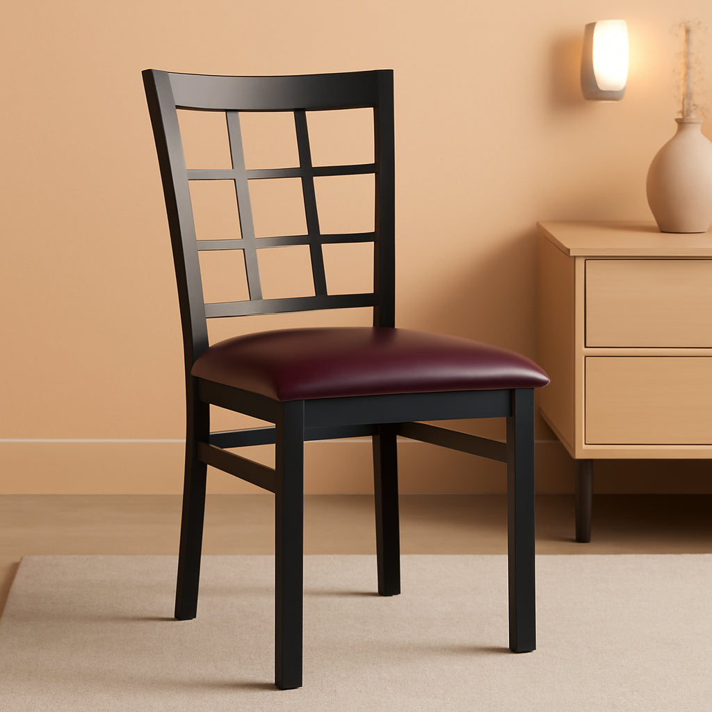 Hercules Window Back Metal Dining Chair Burgundy Vinyl Seat