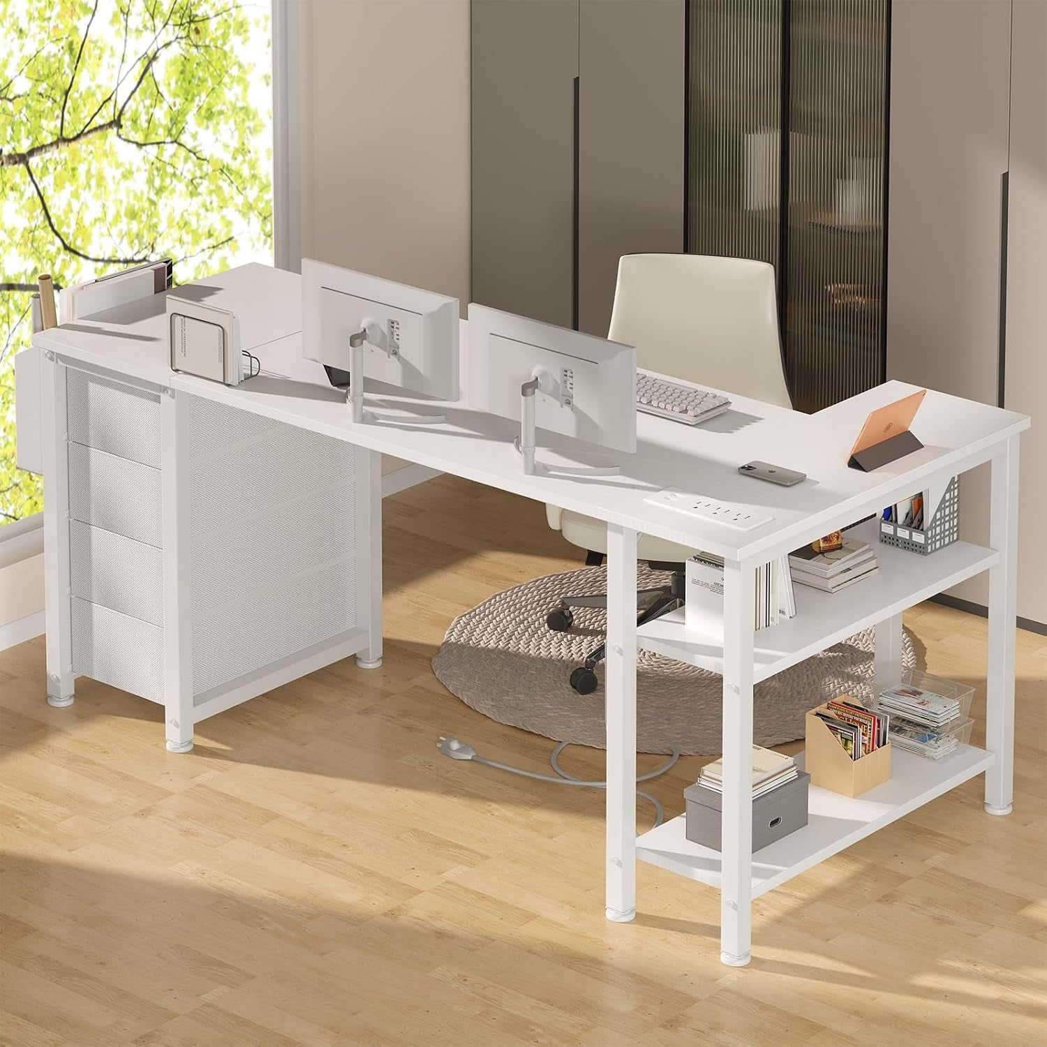 White L Shaped Desk 55 Inch With Power Outlet And Storage