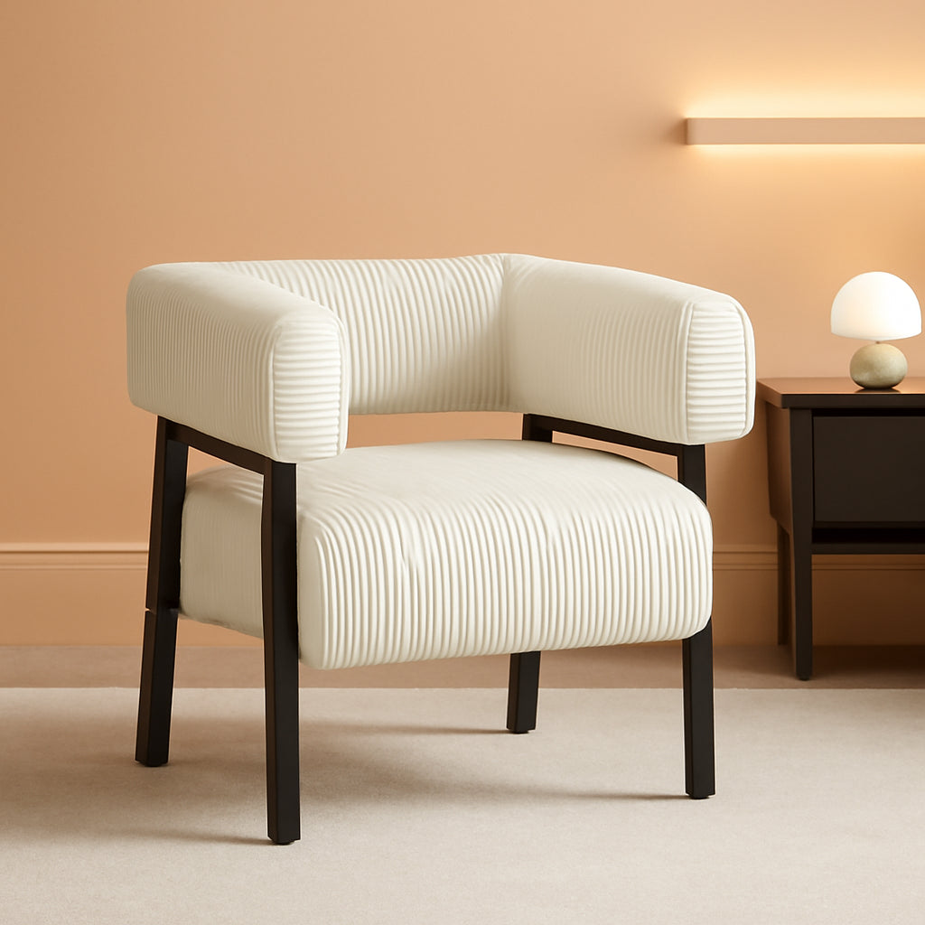 Beige Corduroy Barrel Chair With Pocket Coil Support