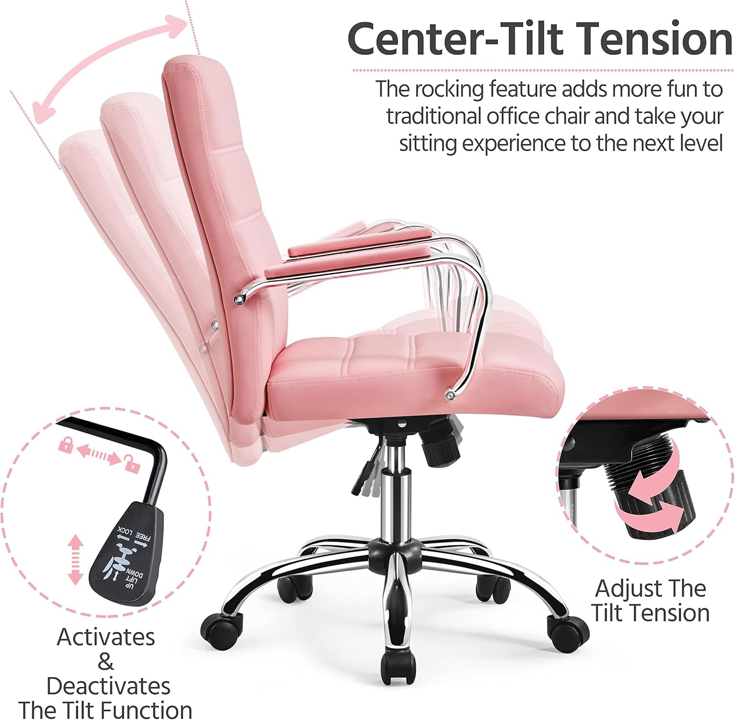 Pink Mid Back Office Chair With Arms 360 Degree Swivel
