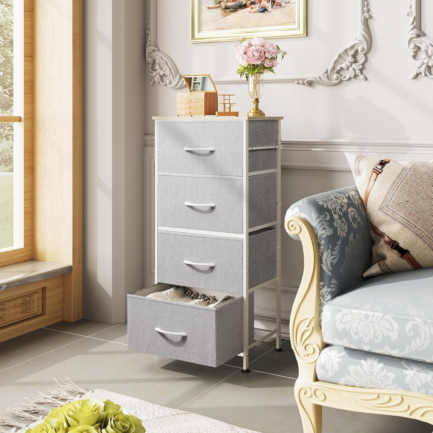 Light Grey Fabric 4 Drawer Dresser With Wood Top Storage