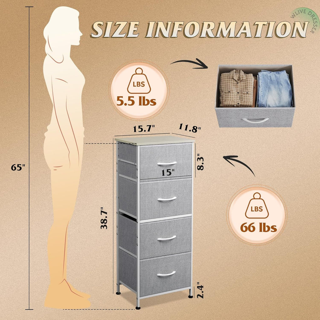 Light Grey Fabric 4 Drawer Dresser With Wood Top Storage