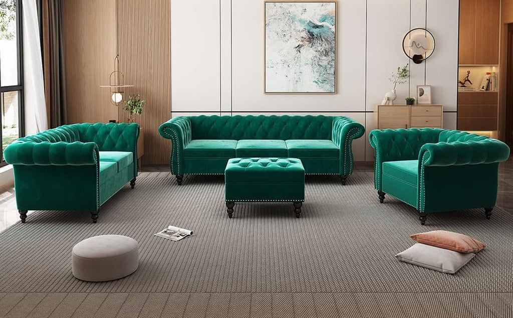 3 Piece Living Room Sectional Sofa Set Green Velvet Couch