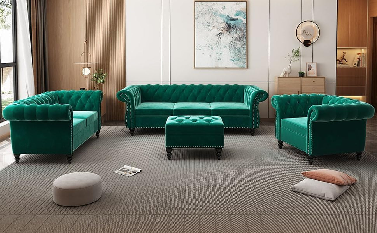 3 Piece Living Room Sectional Sofa Set Green Velvet Couch