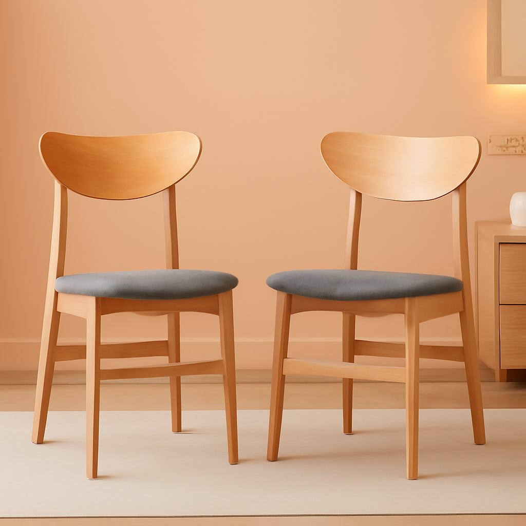 Dining Chair Set Of 2 With Grey Cushions And Natural Wood