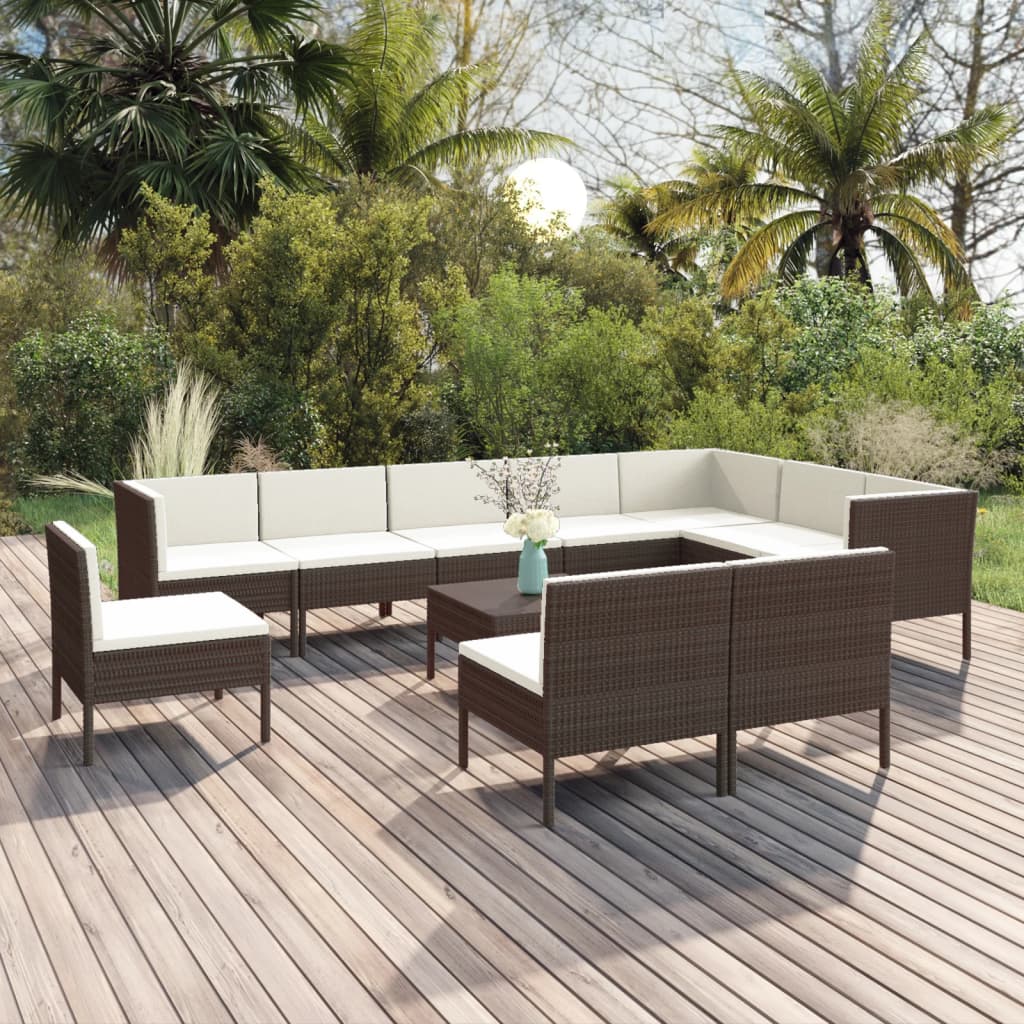 vidaXL 11 Piece Patio Lounge Set with Cushions Poly Rattan Brown