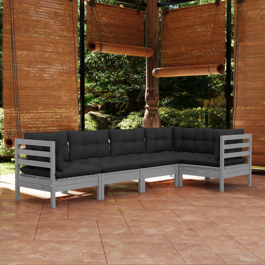vidaXL Solid Pinewood Patio Lounge Set 5 Piece with Cushions Multi Colors