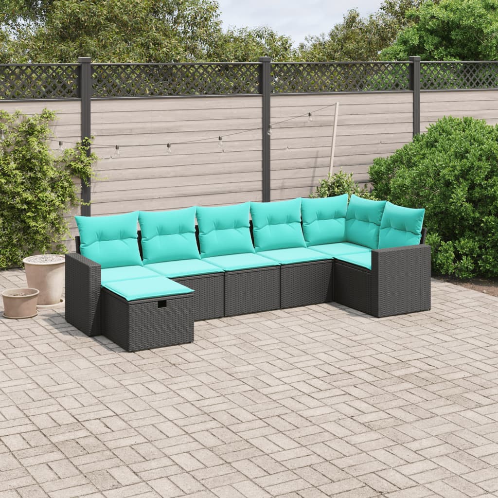 vidaXL 7 Piece Patio Sofa Set with Cushions Black Poly Rattan