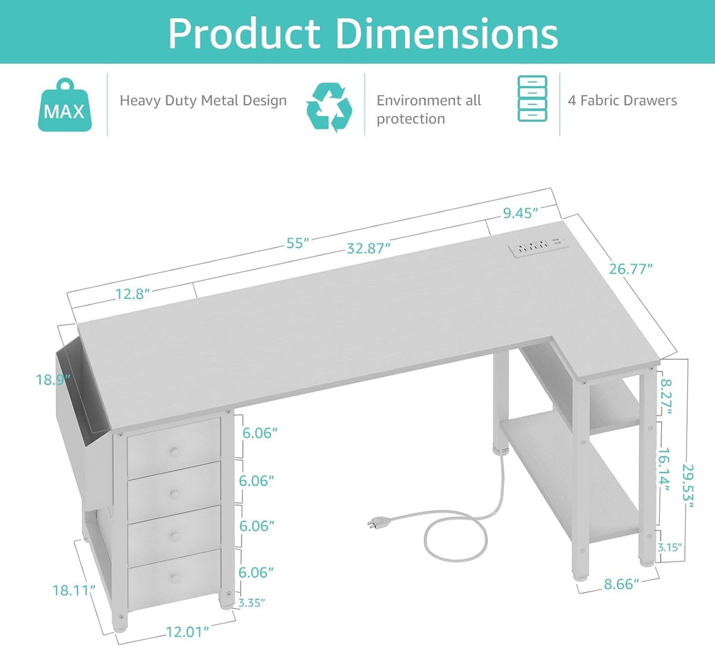 White L Shaped Desk 55 Inch With Power Outlet And Storage