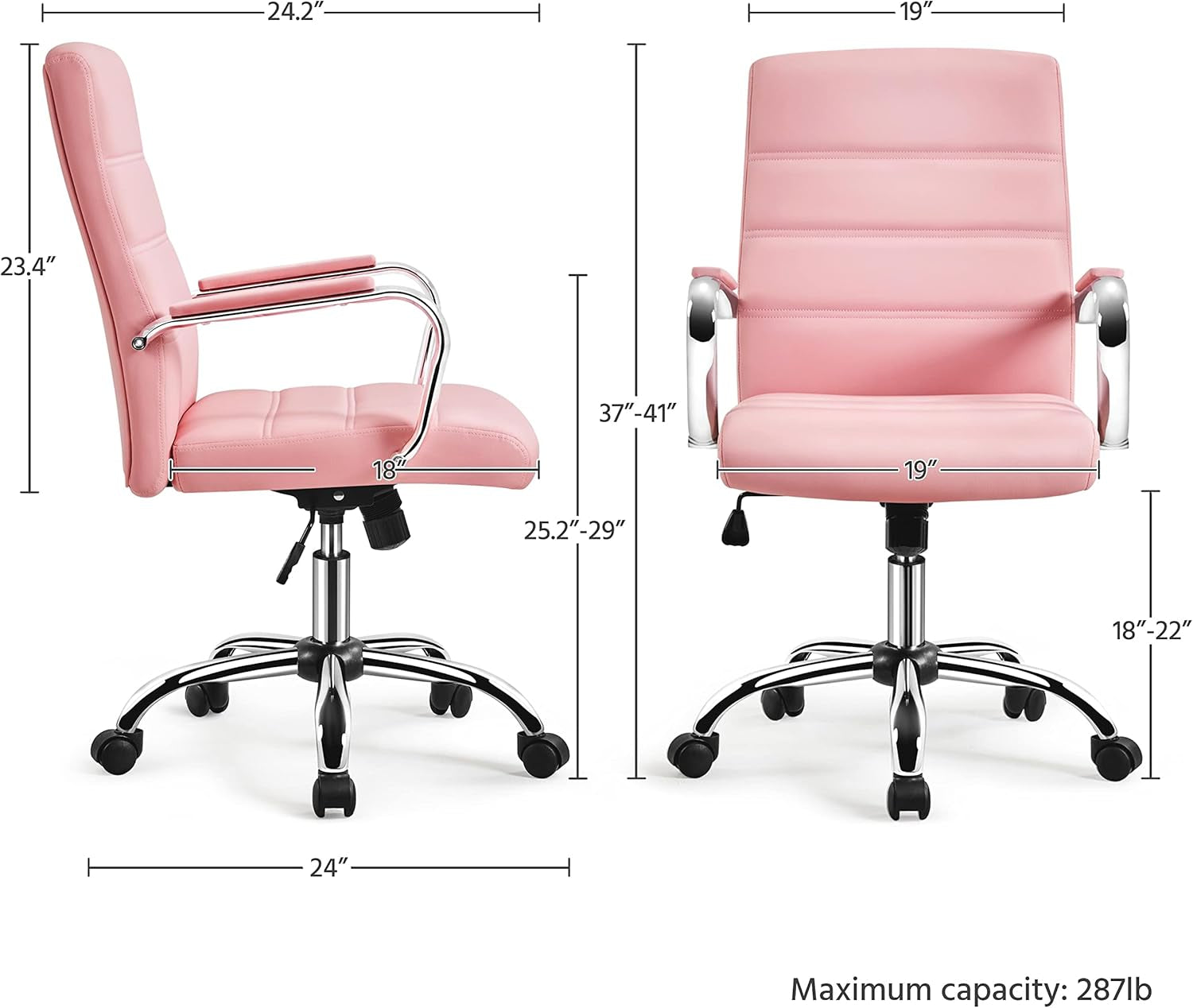 Pink Mid Back Office Chair With Arms 360 Degree Swivel