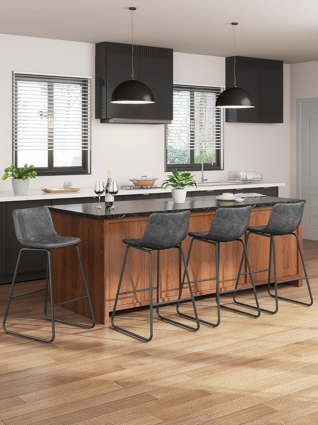 Gray Faux Leather Bar Stools Set Of 3 26 Inch Counter