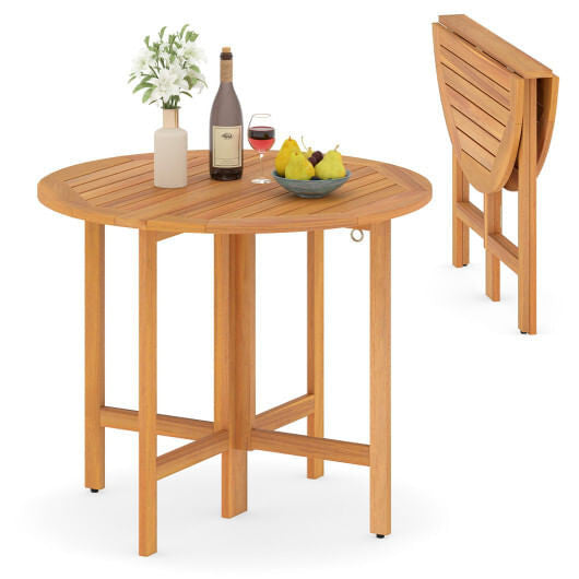 36 Inches Outdoor Folding Round Dining Table with Slatted Tabletop