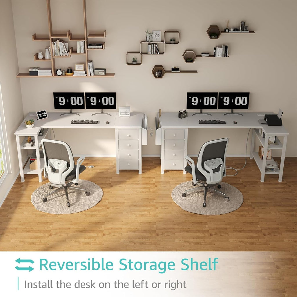 White L Shaped Desk 55 Inch With Power Outlet And Storage