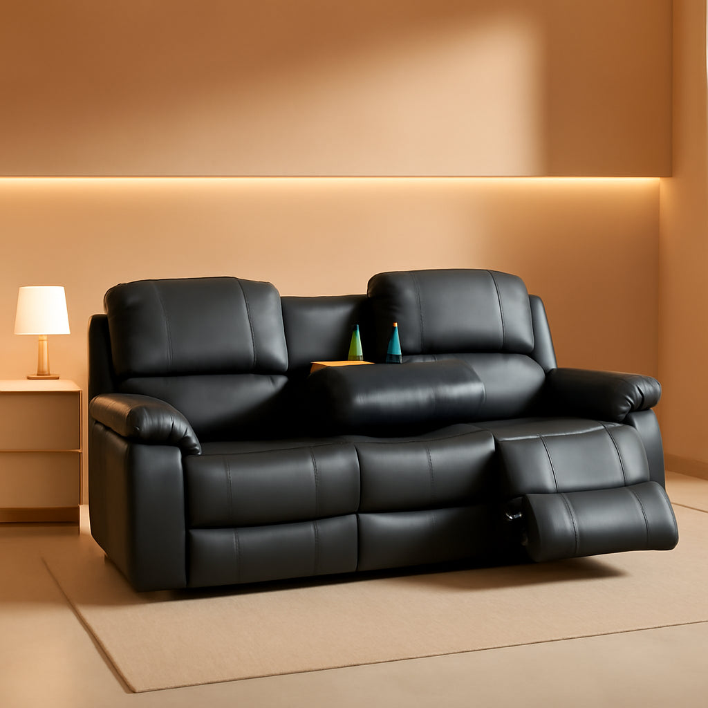 Leather Recliner Sofa Set Black For Living Room And Small Spaces