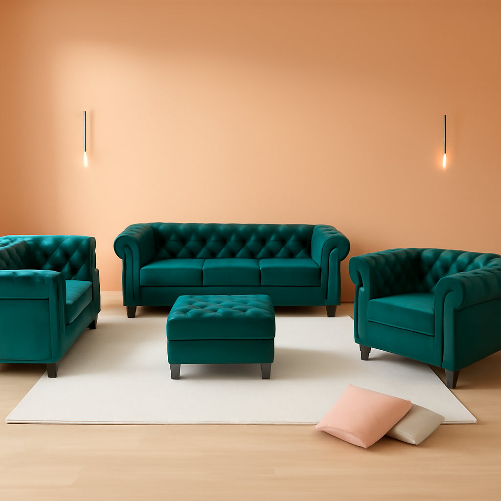 3 Piece Living Room Sectional Sofa Set Green Velvet Couch