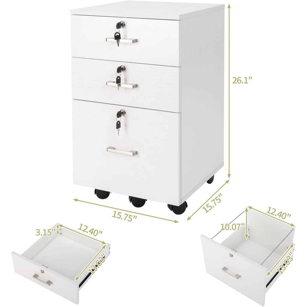 White Mobile File Cabinet 3 Drawer Lockable Office Storage