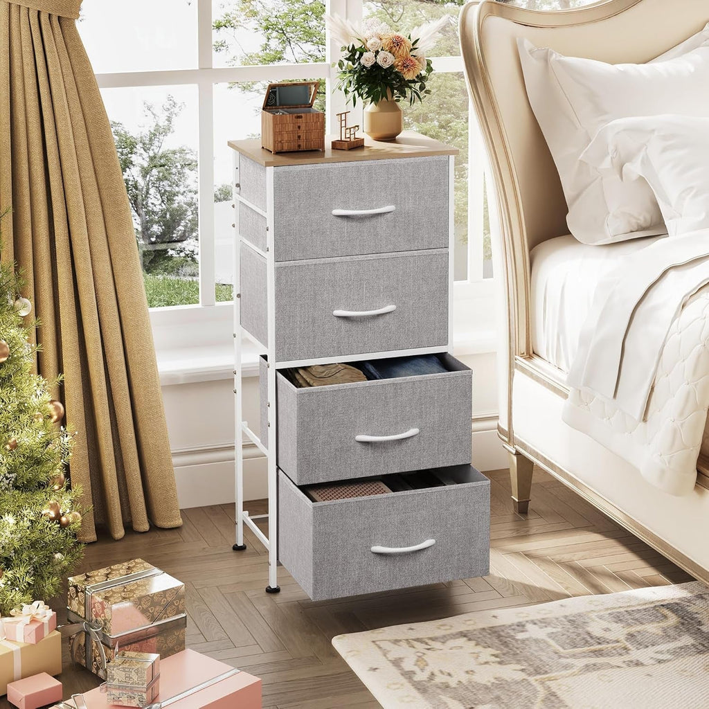 Light Grey Fabric 4 Drawer Dresser With Wood Top Storage