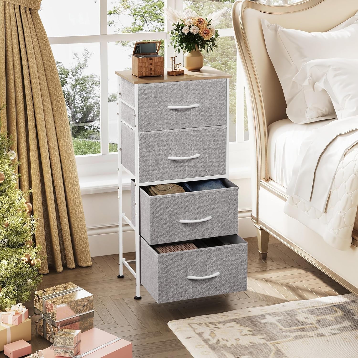 Light Grey Fabric 4 Drawer Dresser With Wood Top Storage