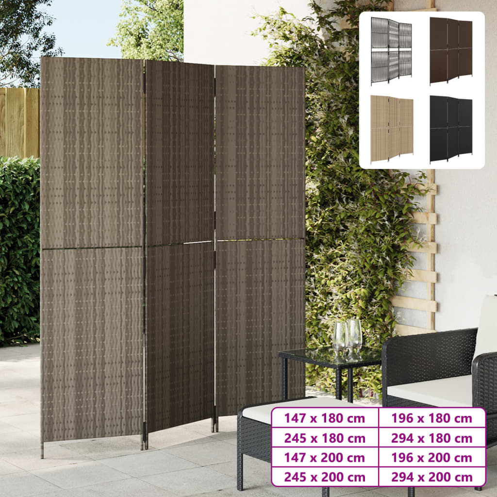 vidaXL Room Divider 3 Panels Gray Poly Rattan